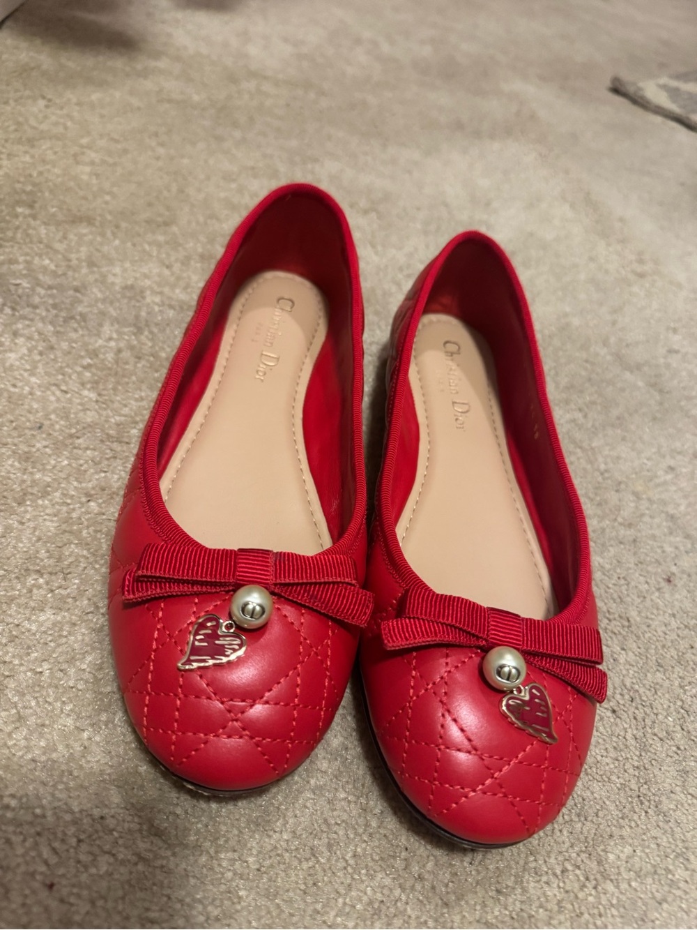 Dior Quilted Red Leather Ballet Flats with Bow and Heart Charm